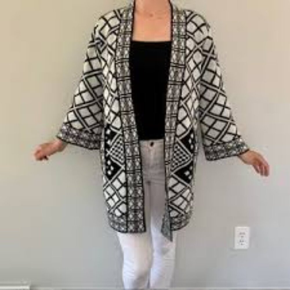 Forever 21 Geo-Diamond Cardigan – Black & White, Boho 3/4 Sleeve, Size L